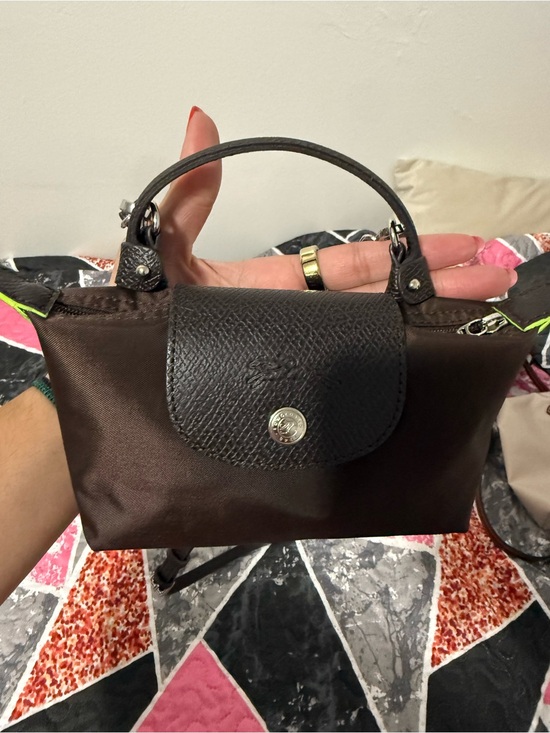 Longchamp Handbags - Longchamp Small Brown Nylon Top-Handle Mini Bag with Dark Leather Trim